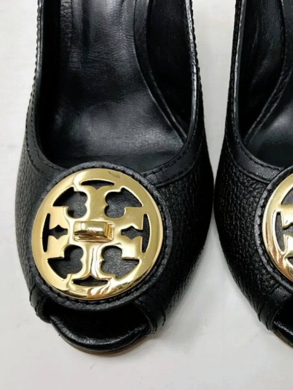Tory Burch Selma Peep Toe Wedges-Black Pebbled Leather-Gold Logo Medallion 9.5